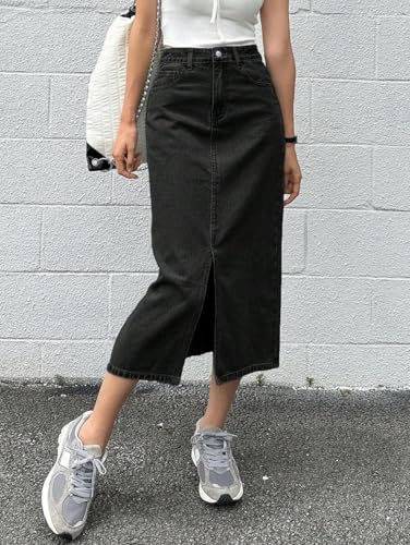 Womens Casual Slit Denim Midi Jean Skirt Stretch High Waist Frayed Button Up with Pockets3