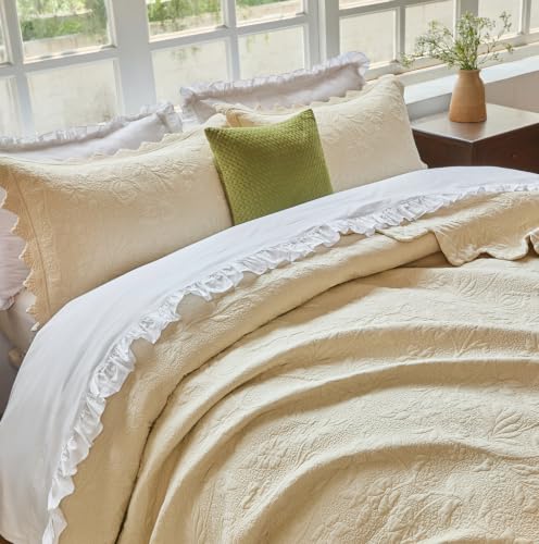 Brandream Beige Quilts Queen King Size Cotton Farmhouse Matelasse Coverlet Scalloped Edge Bedspreads Luxury Quilt Bedding Set 3-Piece 98x106 - image 3