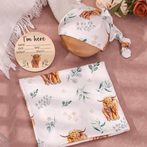 Image of Ylsteed Baby Highland Cow Swaddle Blanket and Headband Set, Newborn Receiving Blanket Swaddle Wrap for Girls and Boys, Swaddling Blankets Neutral for Newborn 32 * 32 in (Highland Cow)