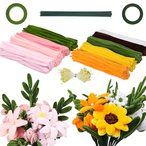 Fil Chenille Rose Jaune Vert 640Pcs avec Tige de Fleur Fleuriste pour Artisanat et Bouquet DIY