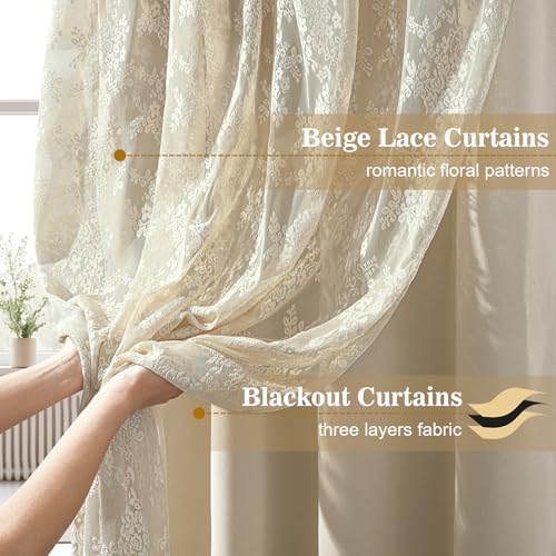 Image of Yinhua Double Layer Kitchen Curtains 36 Inch Length Beige Blackout Curtains for Kitchen Rod Pocket Short Curtain for Windows, Small Window Curtain for Bathroom, Living Room, 2 Panels