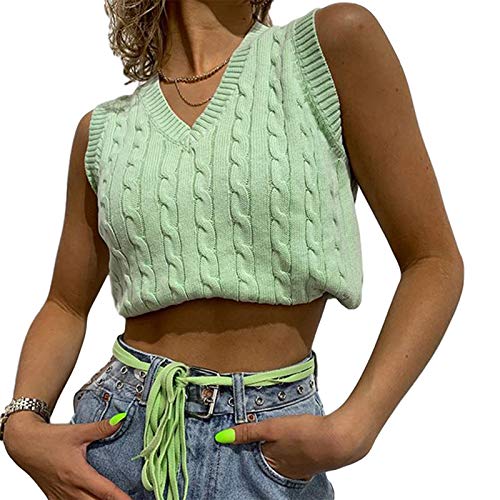 Women Sweater Vest Y2K Argyle Plaid E-Girls 90s Sleeveless Knitwear Crop Tank Top Streetwear (Green knit, S)
