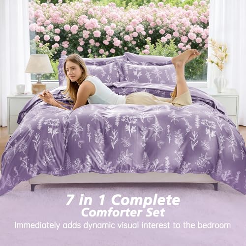 Image of MUXHOMO Grayish Purple Bed in a Bag King 7 Pieces, King Comforter Set Reversible Botanical Flowers Design, Ultra Soft & Breathable Bedding Sets with Comforter, Sheets, Pillowcases & Shams