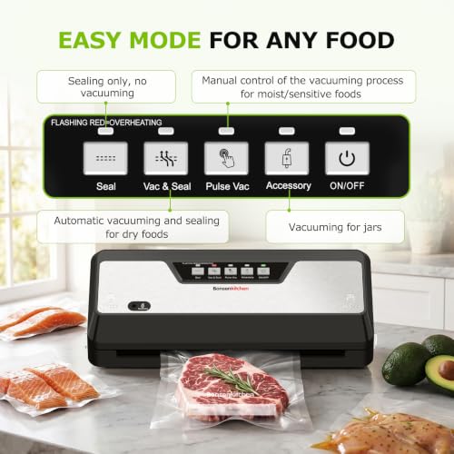 Image of Bonsenkitchen Vacuum Sealer Machine with 1 Roll & 5 Pre-Cut Bags,5 Vacuum Modes, Powerful Food Sealer Vacuum Sealer for Food Storage, Built-in Cutter & Bag Storage