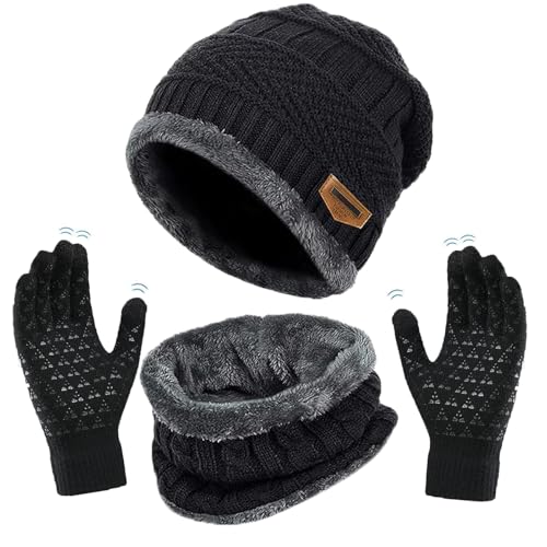 XILEPINGAN - Ensemble Bonnet Écharpe Gants Femme et Homme, Tricotés Ensemble d'hiver Bonnet écharpe Gants d'écran Tactile Homme Femme, avec Doublure Polaire (Noir)