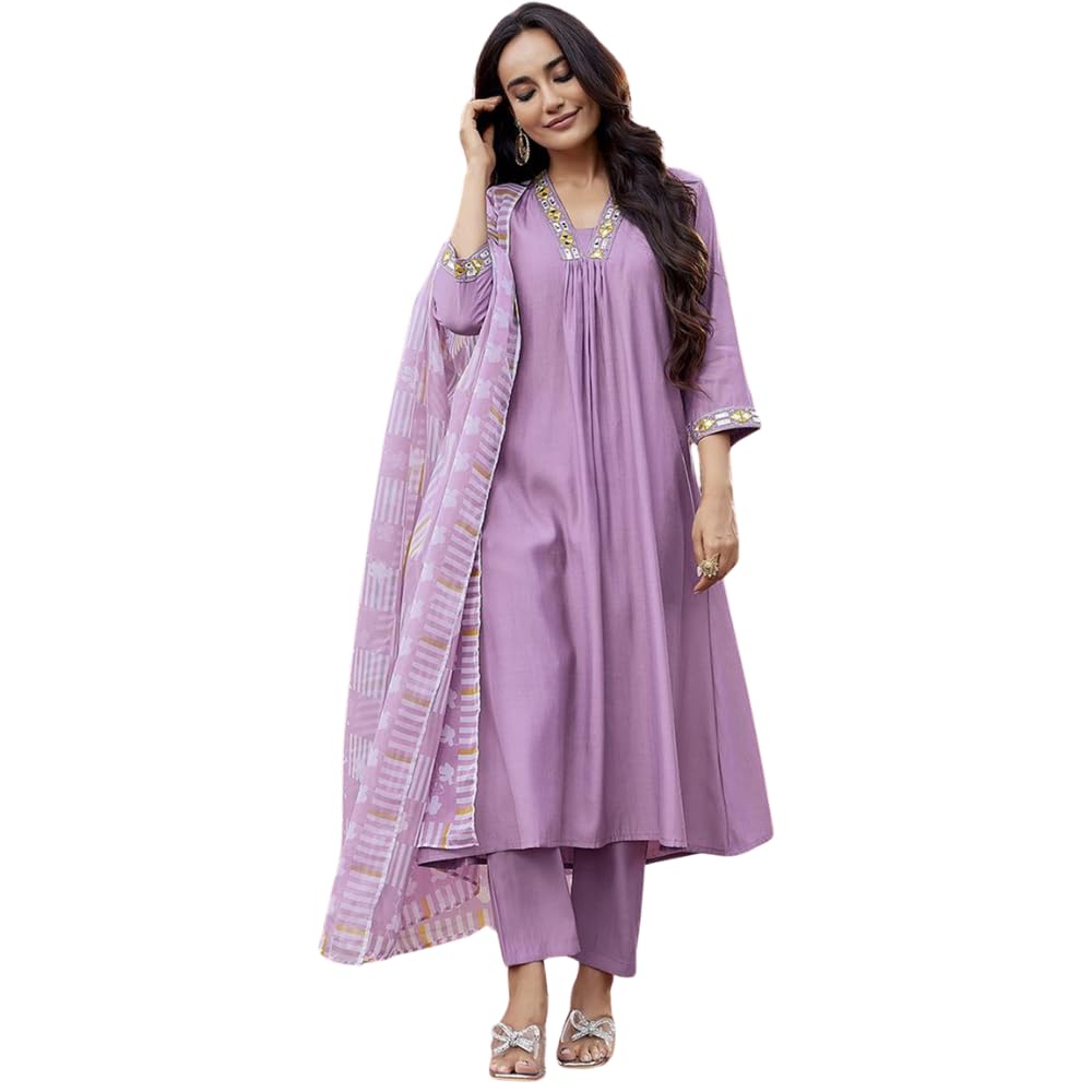 Shienzy Women's Embroidered Work Chanderi Kurta & Pant With Dupatta || Straight Kurta Outfits || Ethnic Set (1656_Prl_M) Purple