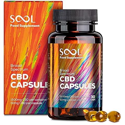SOOL CBD Capsules high Strength 50mg | 1500mg CBD | Broad-Spectrum | 30 CBD Capsules,Gold Cover