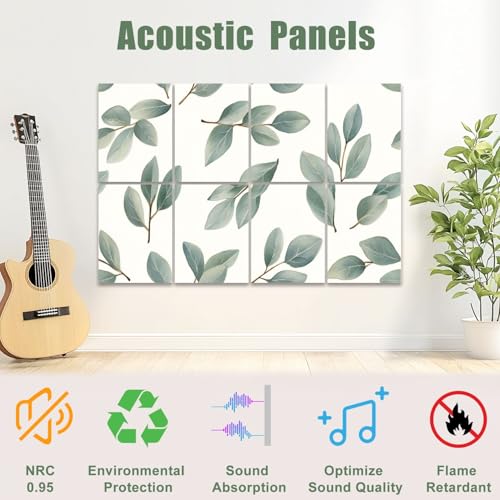 8 Pack Paneles Acústicos de Arte Absorbentes de Sonido Diseño Hojas Verdes Decorativo Autoadhesivos para Estudios de Grabación Oficina 48"x32" miniatura 3