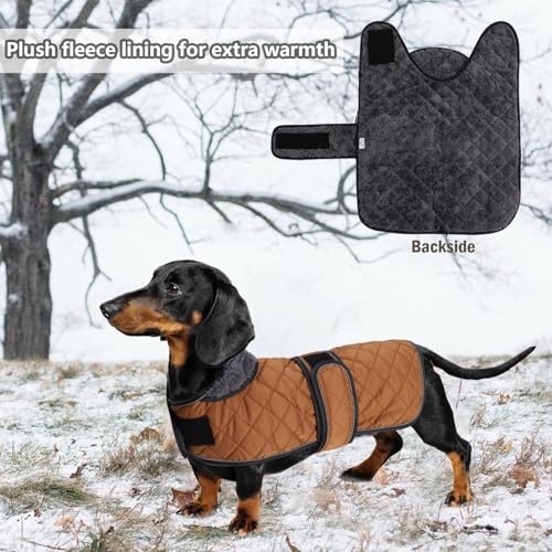 Geyecete - Warmer wintermantel für dackel Hunde,Hunde Winterjacken mit plüschfutter,Outdoor jacken mit verstellbaren gürtel und Kabelbaumloch,für mittelgroße und Kleiner dackel-Braun-M