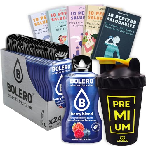 24 x Bebida Bolero FRUTOS ROJOS Hidratante Sin Azucar (24x9 grs) + 50 Pepitas Saludables para una vida más sana by Cia&Co + 1 Botella mezcladora shaker exclusiva Cia&Co (500 ml)