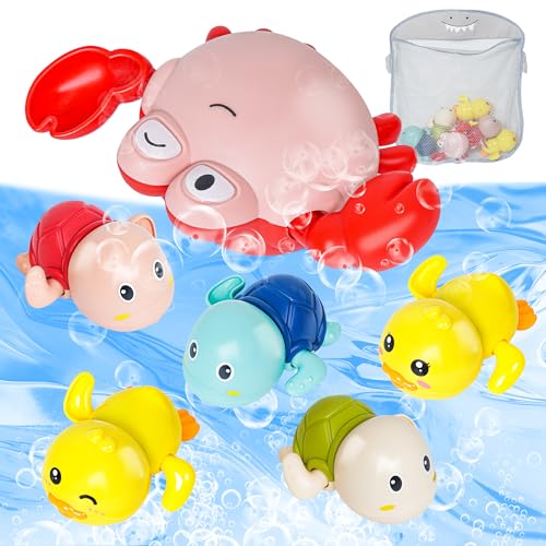 Image of Baby Bath Toys 7 Packs Cute Swimming Toys for 3+ Months Baby, Include Cute Turtles,Yellow Ducks, Crab and Shark Mesh Toy Organizer, Suit Pool Games | Bath | Beach for Toddlers for Kids Boys Girls