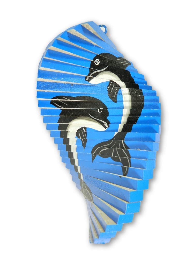 Wooden Wind Spinner, Dolphin Design, H20cm - Home & Garden Hanging Ornaments - Customisable Spiral Shape - Handmade Decoration for Outside Areas, Patio & Conservatory