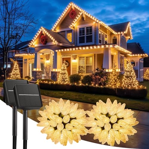 Solar Christmas Lights Outdoor, 2 Pack 50 LED C9 Strawberry String Light with Timer & 8 Light Mode, Waterproof Solar Christmas Tree Lights for Outside Garden Patio Party Christmas Decor, Warm White by Minetom - Used condition - US$41.57