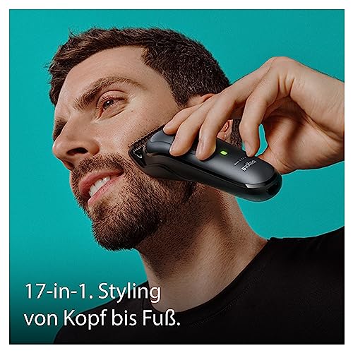Foto von Braun All-In-One Trimmer-Set 7, 17-in-1 Multigroom, Barttrimmer, Nasenhaartrimmer, Haarschneidemaschine für Gesicht, Kopf und Körper, 100 Min Akku, 14 Längen (3–21 mm), Wasserdicht, MGK7491, Schwarz