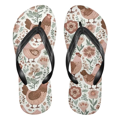 ALAZA Retro Chicken Flower Leaves Flip Flops for Women Fashion Beach Slippers Comfort Mens Flip Flops Non-Slip Rubber Shower Slippers Sandal for Hotel Travel Sport,XS