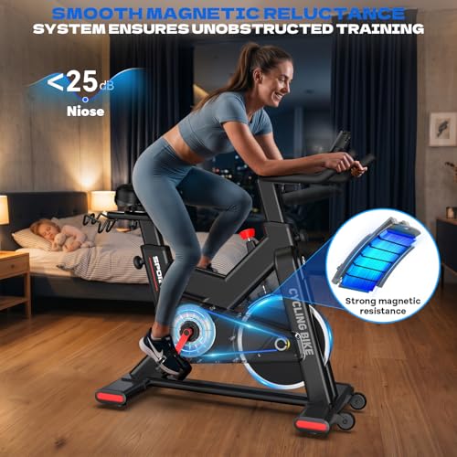 Image of Pooboo Exercise Bike, Stationary Bikes for Home Cardio with Comfortable Seat Cushion, Adjustable Seat Handle, APP Supported Spin Bikes for Home with iPad Holder & 400 lbs Weight Capacity