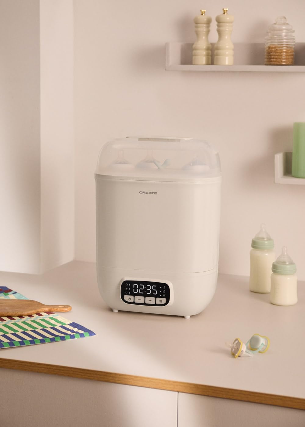 CREATE/BABY BOTTLE CARE/Esterilizador multifunción con secado blanco roto/Capacidad 8 biberones, secado completo, almacenamiento estéril, calentador biberones, deshidratación de frutas, 600W