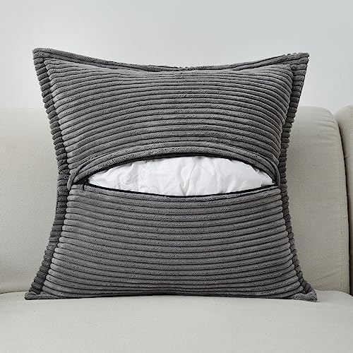 Haussy Dark Grey Throw Pillow Covers 20X20 Inch Set Of 2,Soft Solid Corduroy Striped/Wide Bordered,Square Decorative Cushion Case,Winter Home Decorations thumb #2