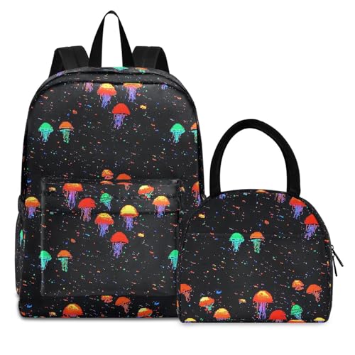 Backpack Lunch Box Set Large Capacity Travel Backpacks and Insulated Lunch Bag for Commute Hiking Picnic Game Jellyfish Print