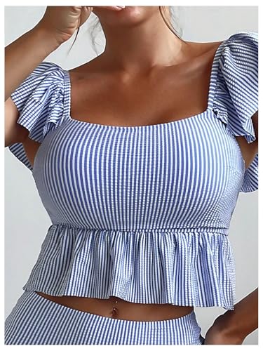 SOLY HUX Women's Ruffle Trim Swimsuits Striped Tankini Set High Waisted Two Piece Bathing Suits3
