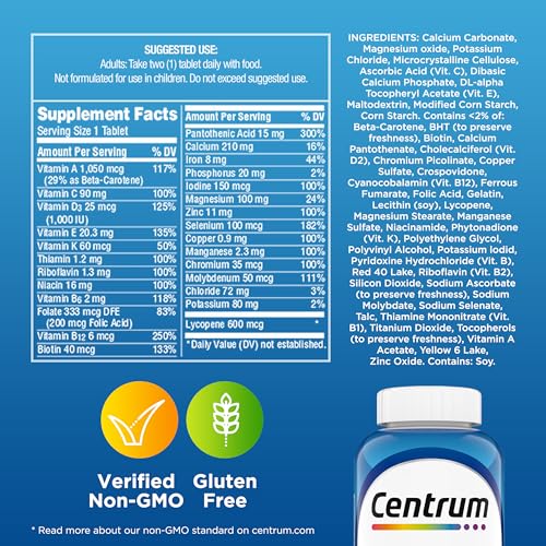 Centrum Multivitamínico para hombres, suplemento multivitamínico/multimineral con vitamina D3, vitaminas B y antioxidantes, sin gluten, ingredientes no transgénicos - Tableta de 200 unidades