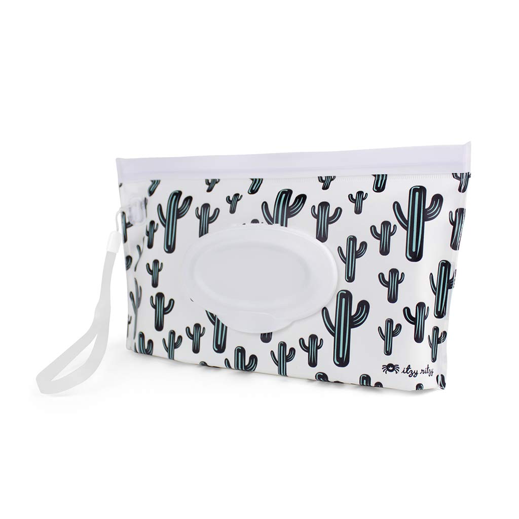 Itzy Ritzy Travel Wipes Case – Reusable Wipe Pouch – Take & Travel Pouch Holds Up To 30 Wet Wipes, Includes Silicone Wristlet Strap, Cactus