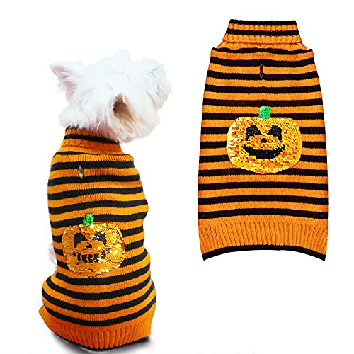 KYEESE Dog Sweaters Halloween with Leash Hole Pumpkin Dog Turtleneck Knitwear with Sequin Decors