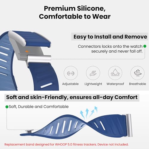 Image of VEMIGON Silicone Sport Band Compatible with Whoop 5.0 One /Peak, Life /MG, Breathable, Adjustable Waterproof Replacement Wristband Strap with Stainless Steel Frame Connector, NOT for Gen 4.0(Band only)