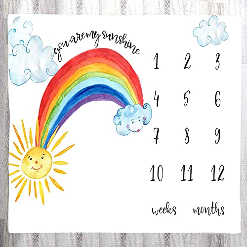 Image of Baby Monthly Milestone Blanket Wreath and Frame, Rainbow Sun Photo Prop, Growth Photography Background, 47x40 inches, Polyester, Single Layered, Baby Blanket
