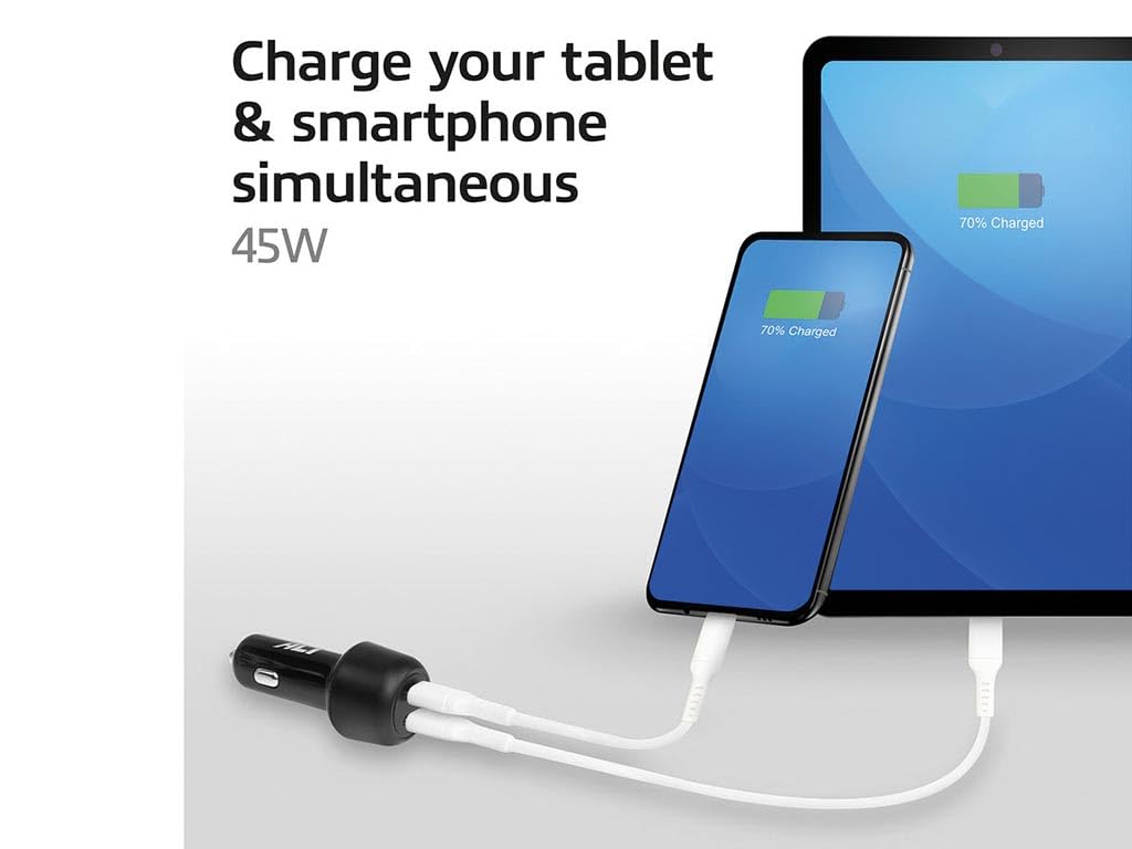 ACT Ładowarka samochodowa USB-C, 2 x USB-C, funkcja Power Delivery do samochodów osobowych i ciężarowych, szybkie ładowanie 2 urządzeń jednocześnie, odpowiednia dla smartfonów Apple i Android, 45 W, 3