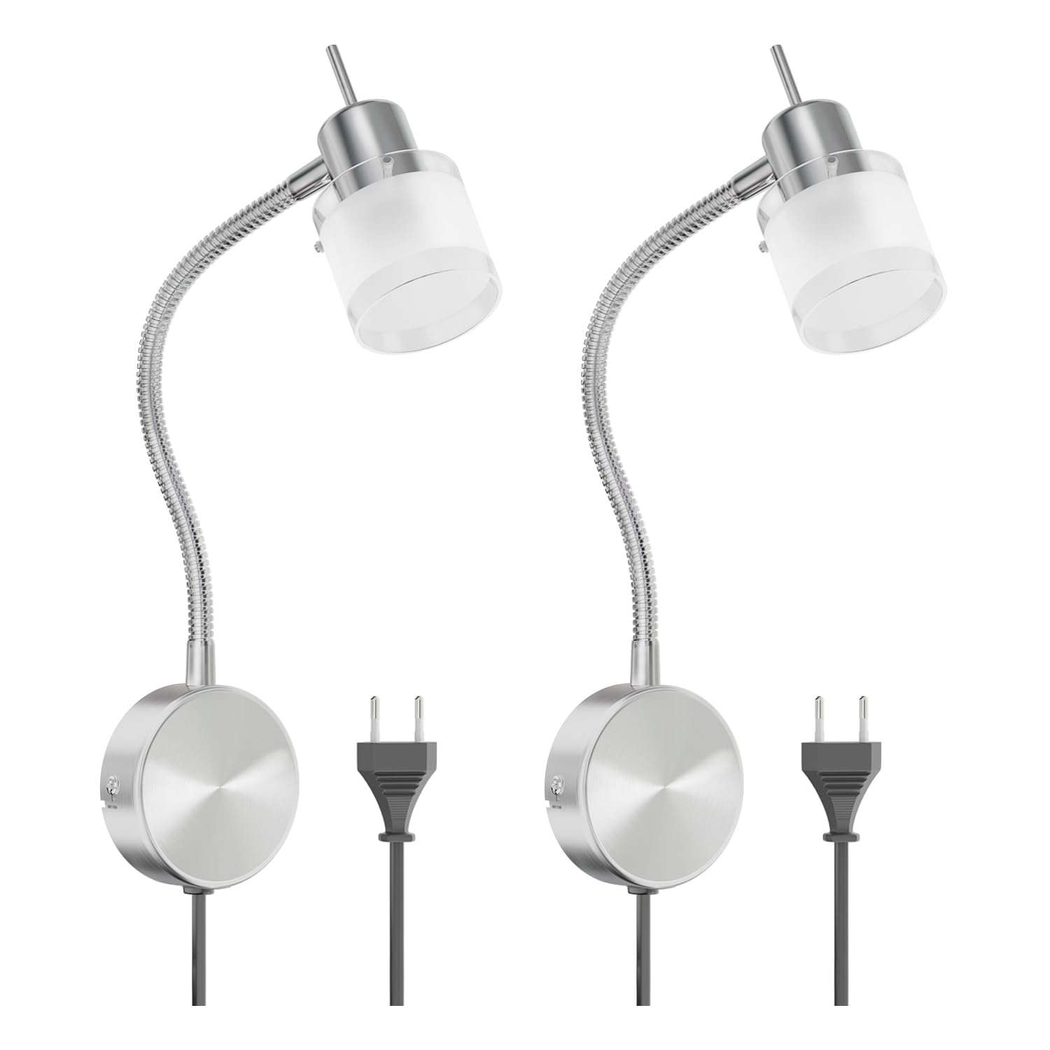 ledscom.de 2x Leselampe/Wandleuchte MIRAS, Schwanenhals, Schalter, Stecker, edelstahl matt, 1x GU10 max. 25W