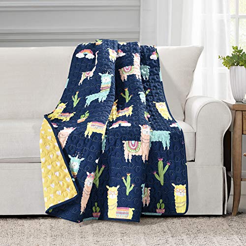 Pb&J Make A Wish Southwest Llama Cactus Yellow & Navy Reversible Throw Blanket, 50" X 60" #TOP1
