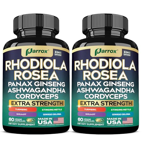 Parrox Rhodiola Rosea Panax Ginseng Ashwagandha Cordyceps Mushroom Turmeric Ginkgo Biloba Stinging Nettle Adaptogen Blend Supplement Capsules for Daily Wellness Support (2 Pack)