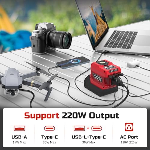 220W Power Inverter for Milwaukee 18V Battery, DC 18V to AC 110V Battery Inverter, Portable Power Station Generator with 1 AC Outlet, 2 USB Ports & 1 Type-C Fast Charging, 400LM LED Work Light — view 5