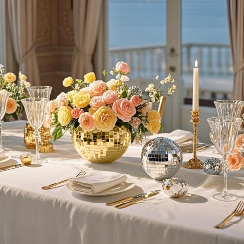 Image of 6 Pcs Disco Ball Vase,5 inch X 6 inch Disco Ball Centerpieces,Glass Disco Ball Planter Mirror Disco Ball Decor Can Be Used for Wedding Centerpieces,Birthday,Office(Gold)