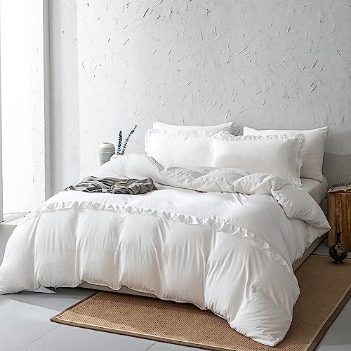 Herside White Ruffle Bedding Double Duvet Cover Set Modern Chic Ruffled on Bottom Soft Microfibre Bedding Sets 1 Quilt Cover 2 Pillow Shams (White 2