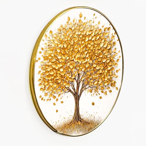 Image of Golden Tree of Life Round Wall Art Painting With Frame For Living Room | Vastu-Inspired Prosperity Decor Framed Painting | Elegant Round Wall Hanging for Home, Office & Gifting, 12 Inch