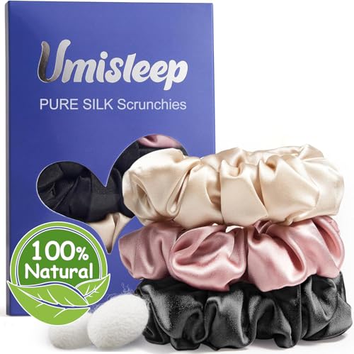 Umisleep 100% Mulberry Silk Scrunchies Chic No Creases Satin Hair Bands for Women Elegant Hair Ties Softer Hair Bobbles Hair Care Ponytail Holder for Thick Thin Curly Hair(Pink Black Champagne)