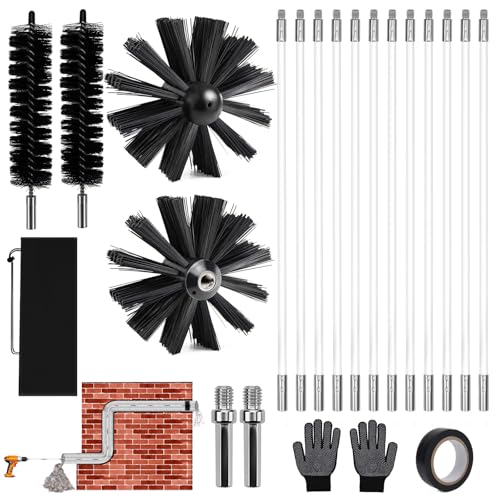 WPPQWP 22PCS Kaminbürste Stange Set(4.9m ø150mm) Nylon Ofenrohrbürste Schornsteinfeger Bürste Mit Flexiblen Stangen(12x410mm) Einsatz Mit Elektrobohrern Für Schornsteine Rohre