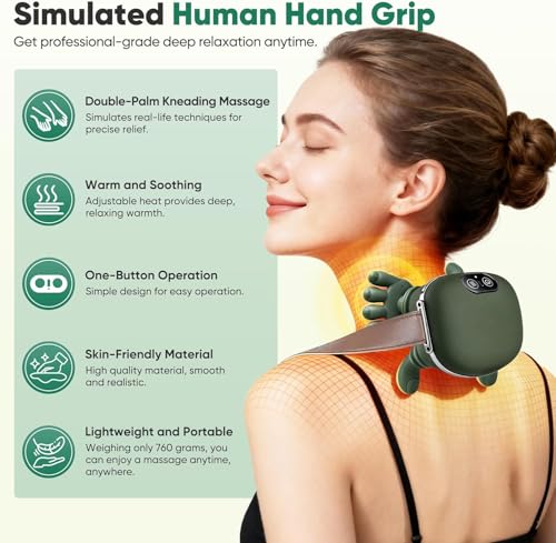 Image of Bionic Heated Massager, Wireless Portable Shiatsu Neck and Back Massager, Electric Deep Tissue 4D Kneading Massage, Simulated Human Hand Design for Pain Relief and Muscle Relax