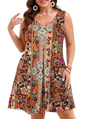 Image of JollieLovin Women Plus Size Summer Sundress Tank Sleeveless V Neck Beach Swing Dress Swimsuit Cover ups(L-5X)