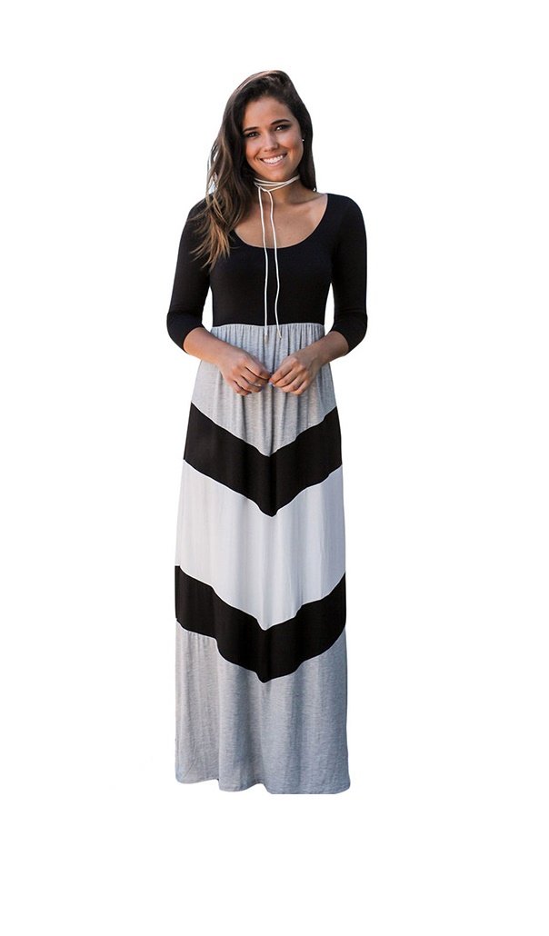 GGTBOUTIQUE Black and White Maxi Long Sleeved Dress with White Belt