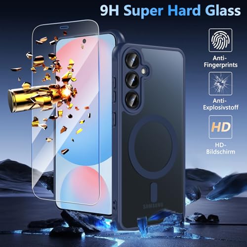 Image of OWKEY for Samsung Galaxy S24 FE Case 6.7'', Magnetic Galaxy S24 FE Case for Magsafe with Tempered Screen Protector [Shockproof Military] Translucent Matte Bumper Phone Cover Samsung S24 FE 5G, Blue