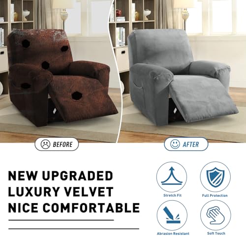 Image of ZNSAYOTX 2026 Velvet Oversized Recliner Cover 3-Piece, Luxury Plush Recliner Chair Covers with Elastic Band & Ties Stay in Place, Stretch Reclining Slipcover for Lazy Boy Soft Washable (Grey)