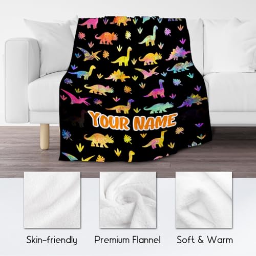 Custom Dinosaur Blanket with Name - 50x60 Inches Cute Throw for Boys - Black Soft Fuzzy Blankets for Couch & Office