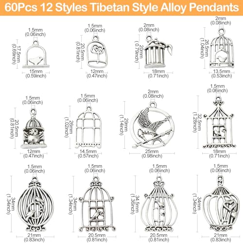 UR URLIFEHALL 60 Pcs 12 Styles Tibetan Style Bird Cage Charms Antique Silver Spring Bird House Charms for DIY Lucky Jewellery Crafts - Image 2