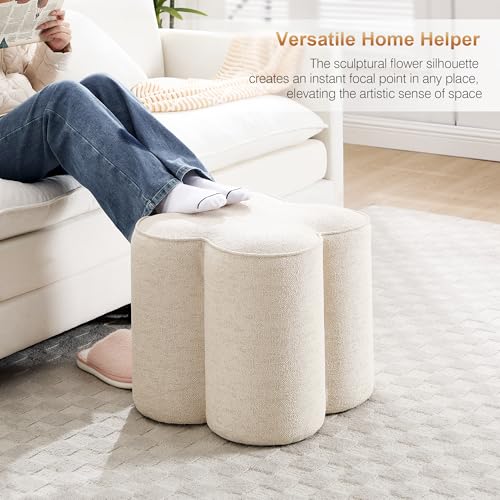 Image of Zesthouse Flower Pouf Ottoman Foot Rest, Linen Fabric Poofy Ottoman Footstool for Couch, Modern Living Room Stool Seat, Cute Square Vanity Stool for Bedroom Dorm, Beige