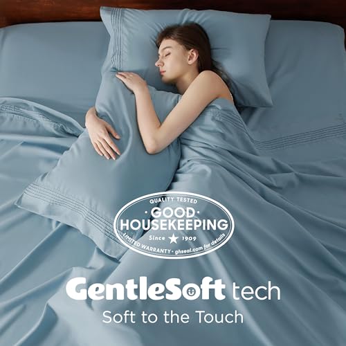 Image of Bedsure Deep Pocket Queen Sheets Set - Fits Mattresses Up to 21 Inches Thick - 4 Piece GentleSoft Bed Sheets, Moisture Wicking, Soft & Cooling Bedsheet & Pillowcases, Easy & Secure Fit, Mineral Blue