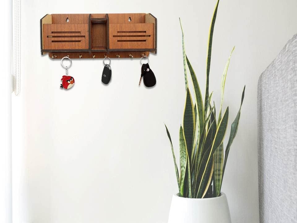 Image of Wooden Key Holder for Home MDF Wood Wall Mounted Designer Key Holders for Wall Decor Keys Hanger Stylish Mobile Stand Key Organizer for Home Decor and Office Decor Keychain Hanger