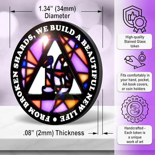 Image of Stained Glass 16 Year AA Chip Sobriety Coin Medallion, Fragments to Freedom Alcoholics Anonymous Addiction Recovery Anniversary Token, Inspirational Sober Gifts for Men and Women by the Token Shop